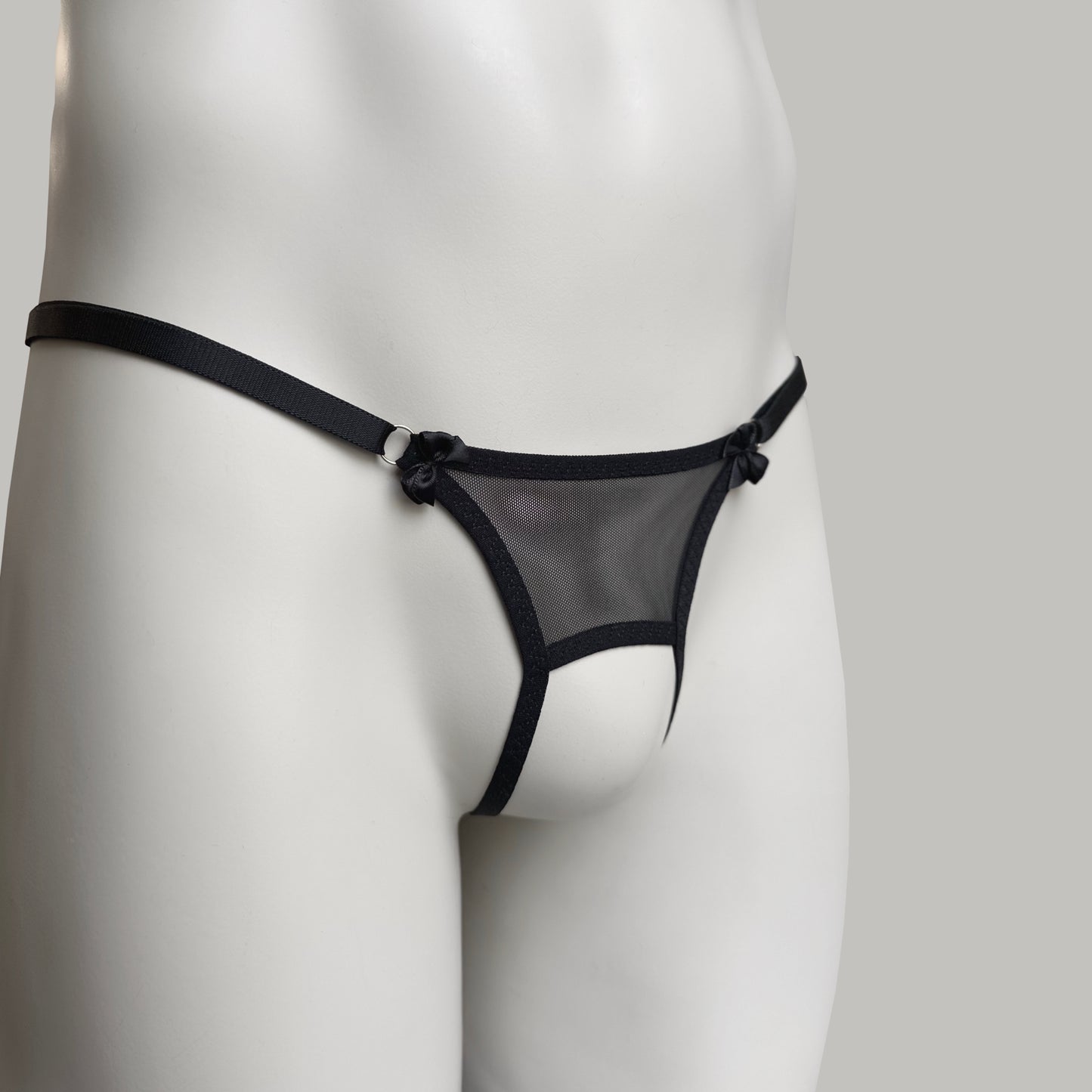 Crotchless Mesh Thong With Bows (Black)