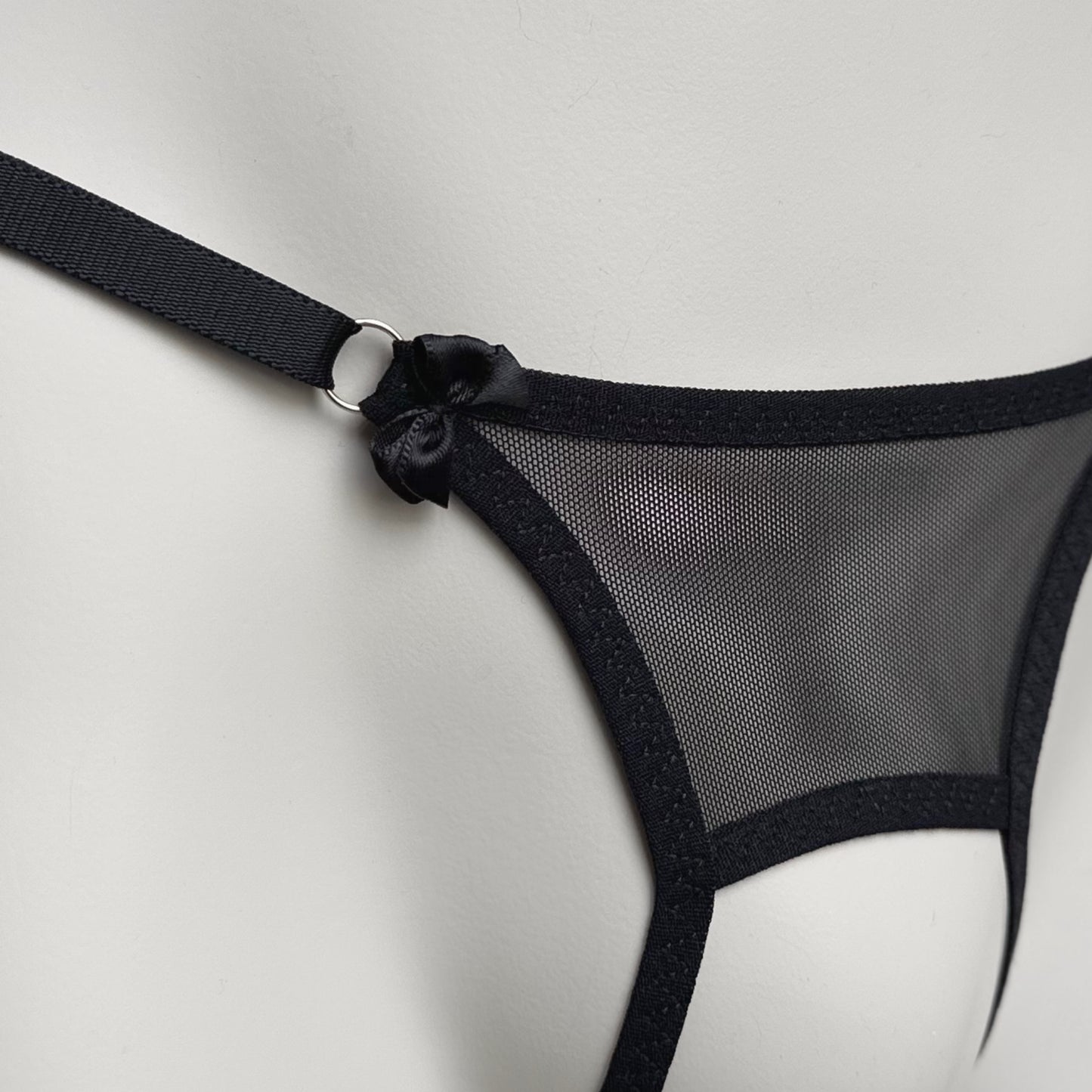 Crotchless Mesh Thong With Bows (Black)