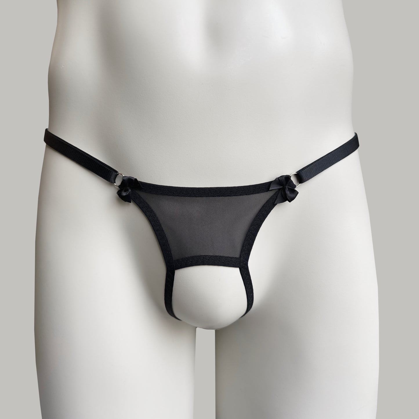 Crotchless Mesh Thong With Bows (Black)
