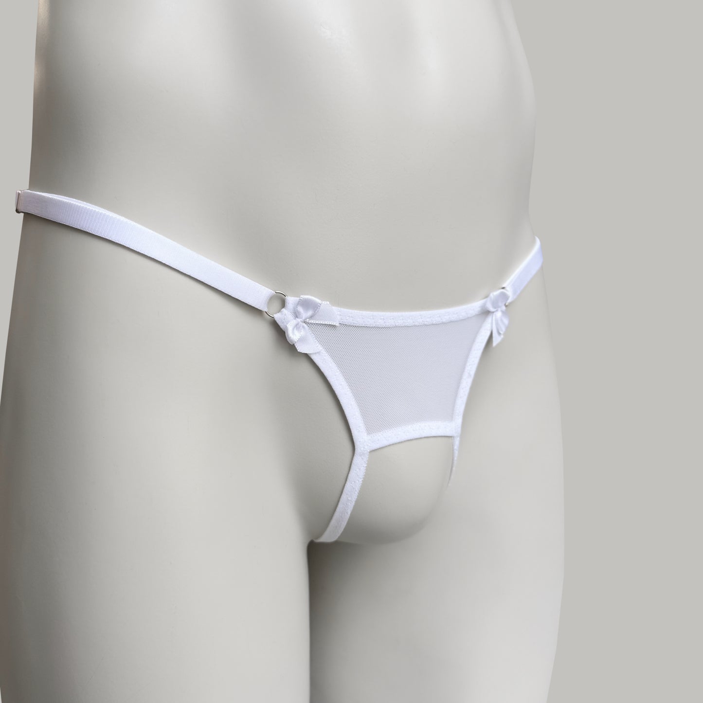 Crotchless Mesh Thong With Bows (White)