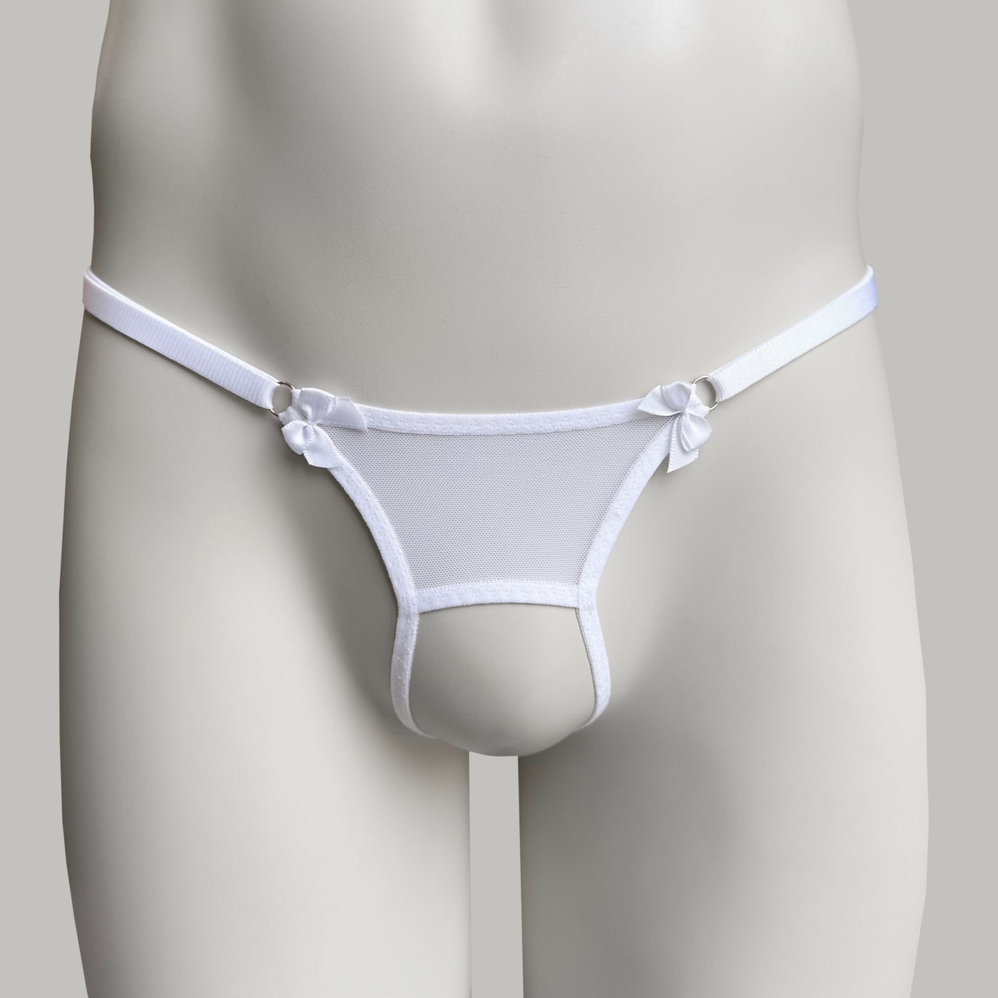 Crotchless Mesh Thong With Bows (White)
