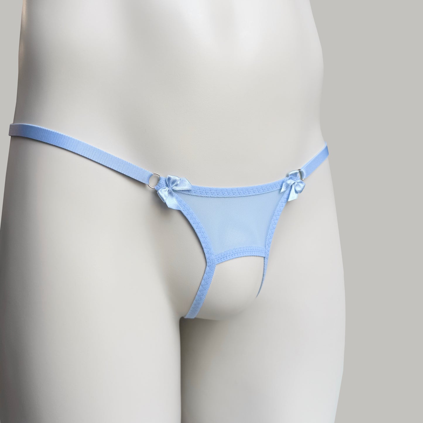 Crotchless Mesh Thong With Bows (Sky Blue)