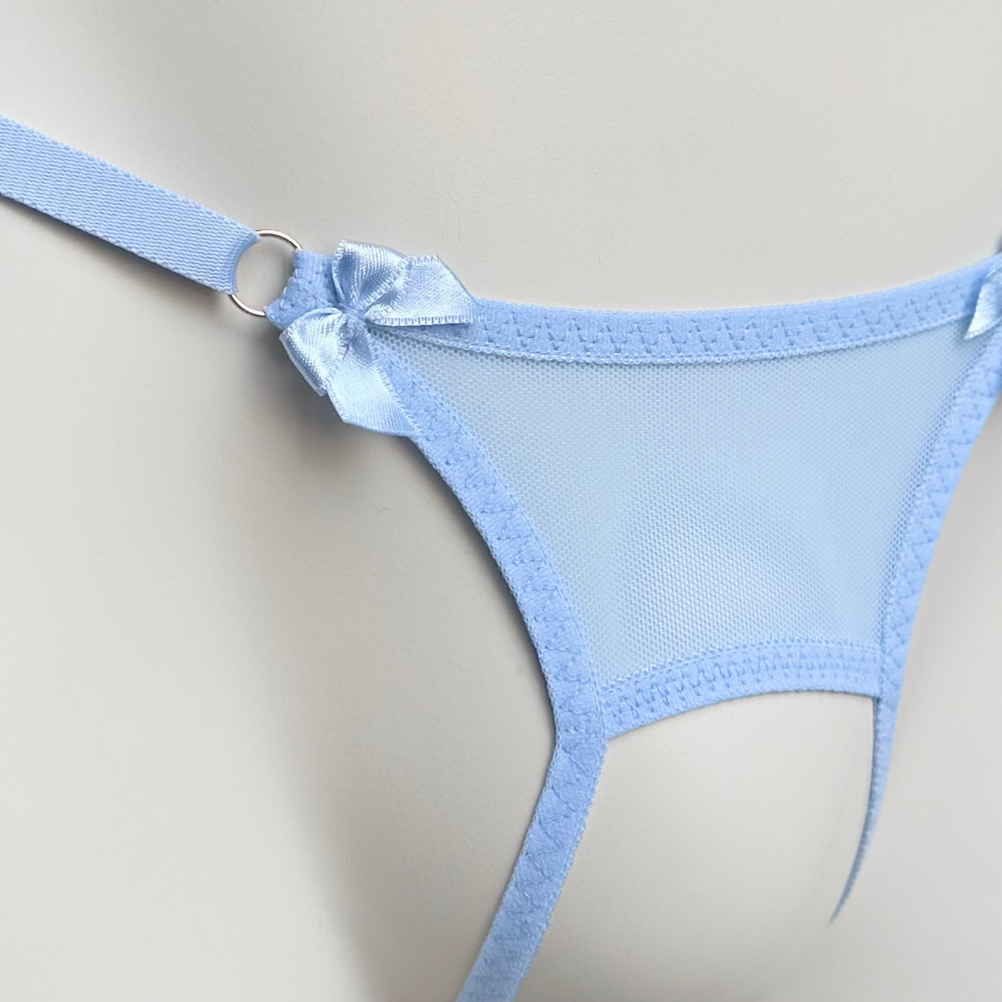 Crotchless Mesh Thong With Bows (Sky Blue)