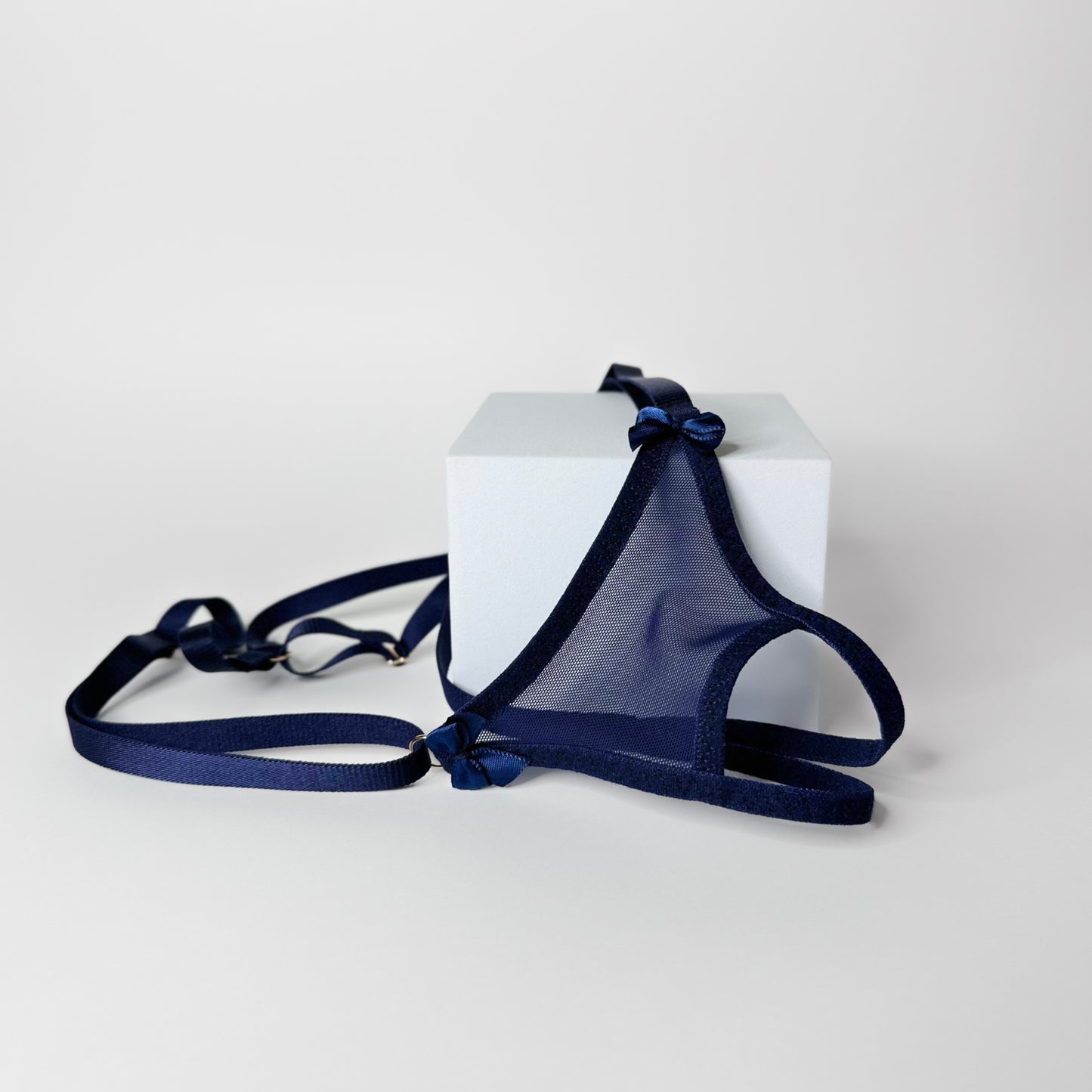 Crotchless Mesh Thong With Bows (Navy)
