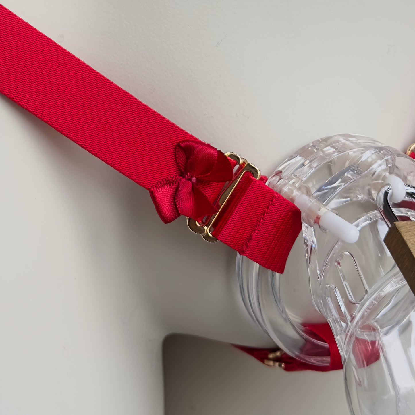 Male Bow Three Straps Chastity Cage Support Belt Red