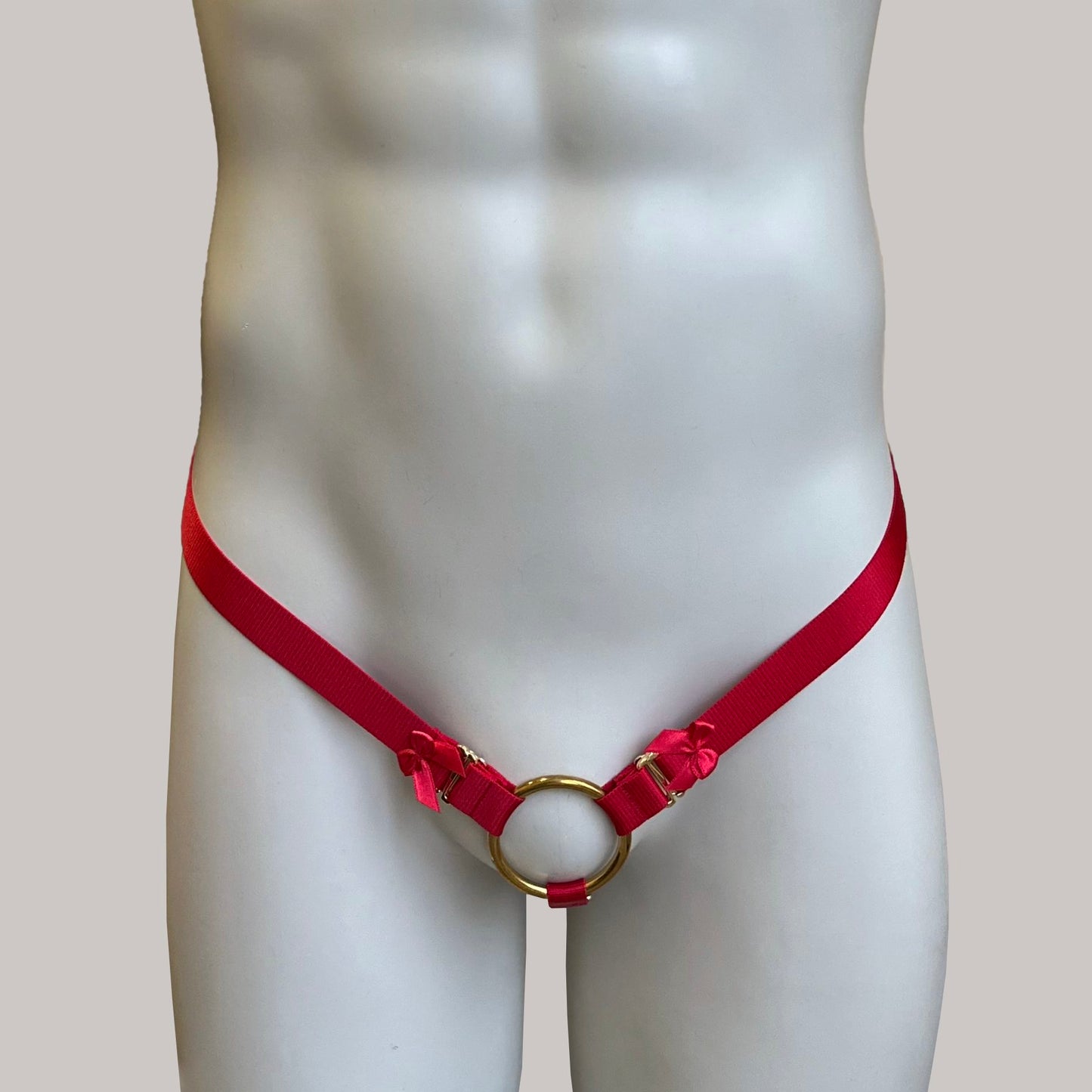 Male Bow Three Straps Chastity Cage Support Belt Red