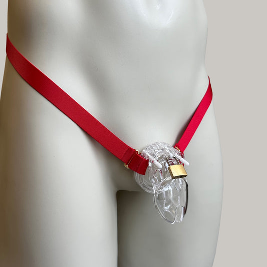 Male Two Strap Chastity Cage Belt Red
