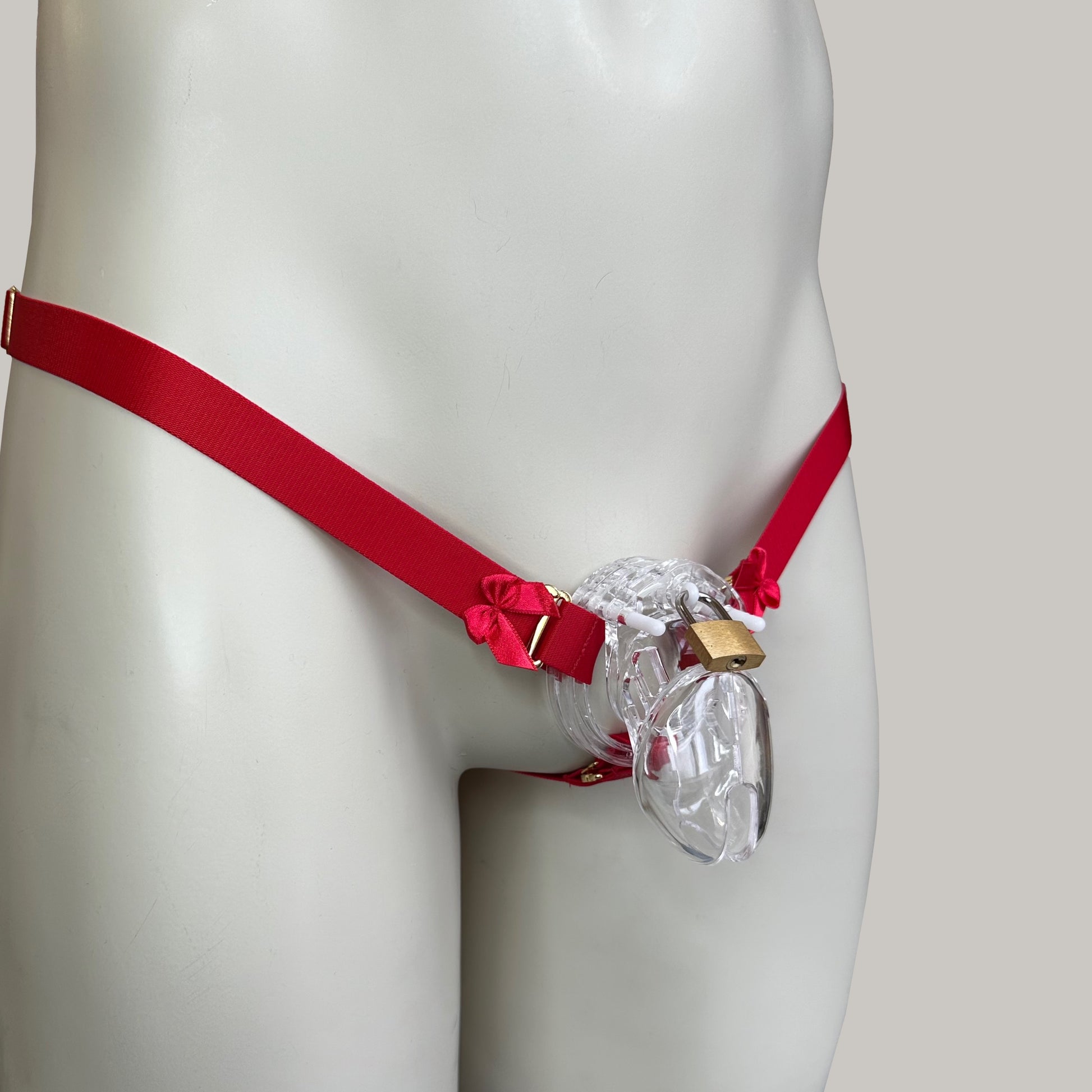 Male Bow Feminine Three Strap Thong Chastity Cage Holder Red