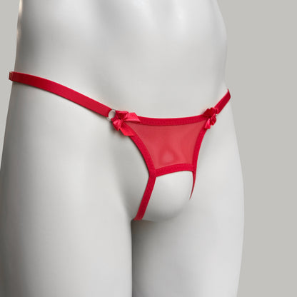 Crotchless Mesh Thong With Bows (Red)