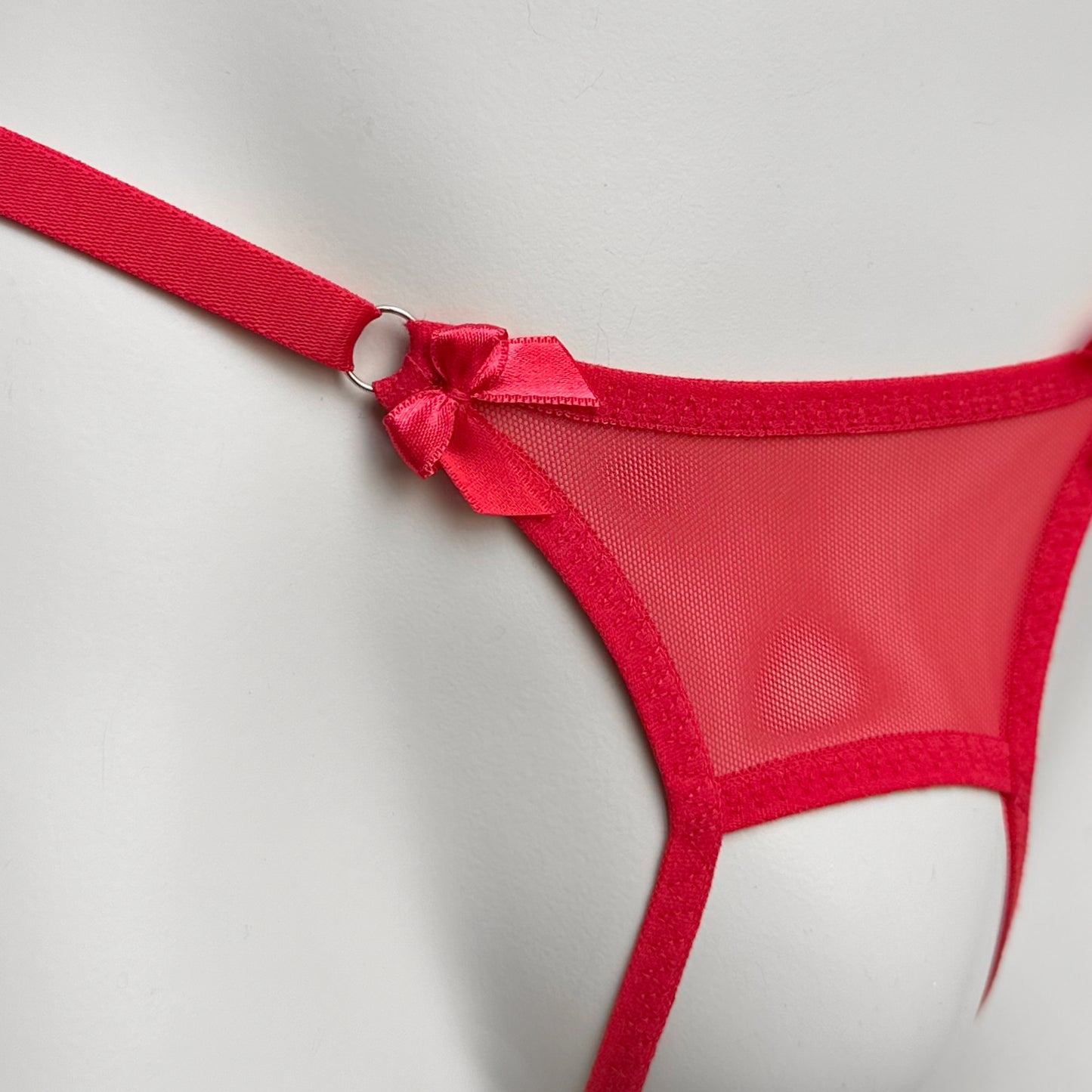 Crotchless Mesh Thong With Bows (Red)