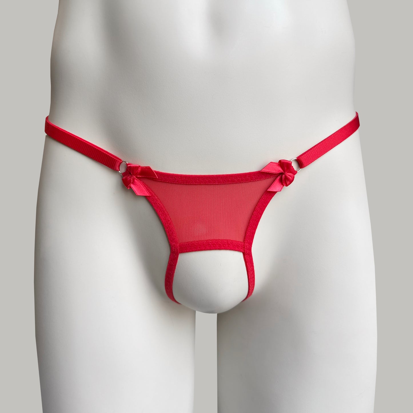 Crotchless Mesh Thong With Bows (Red)