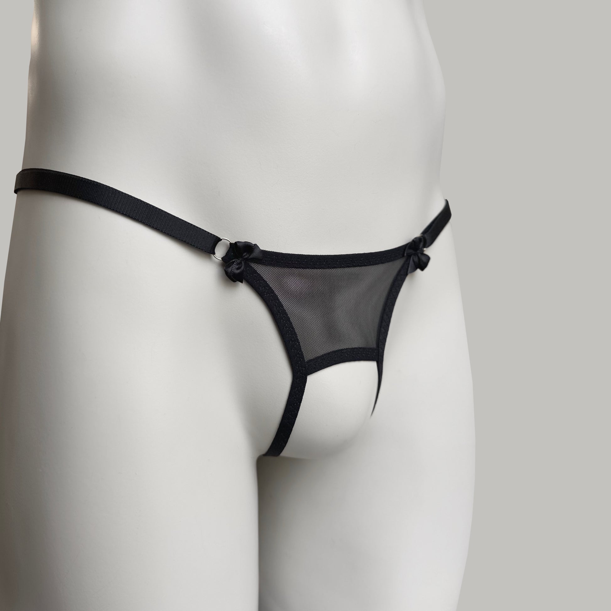 Crotchless Mesh Thong With Bows (Black)