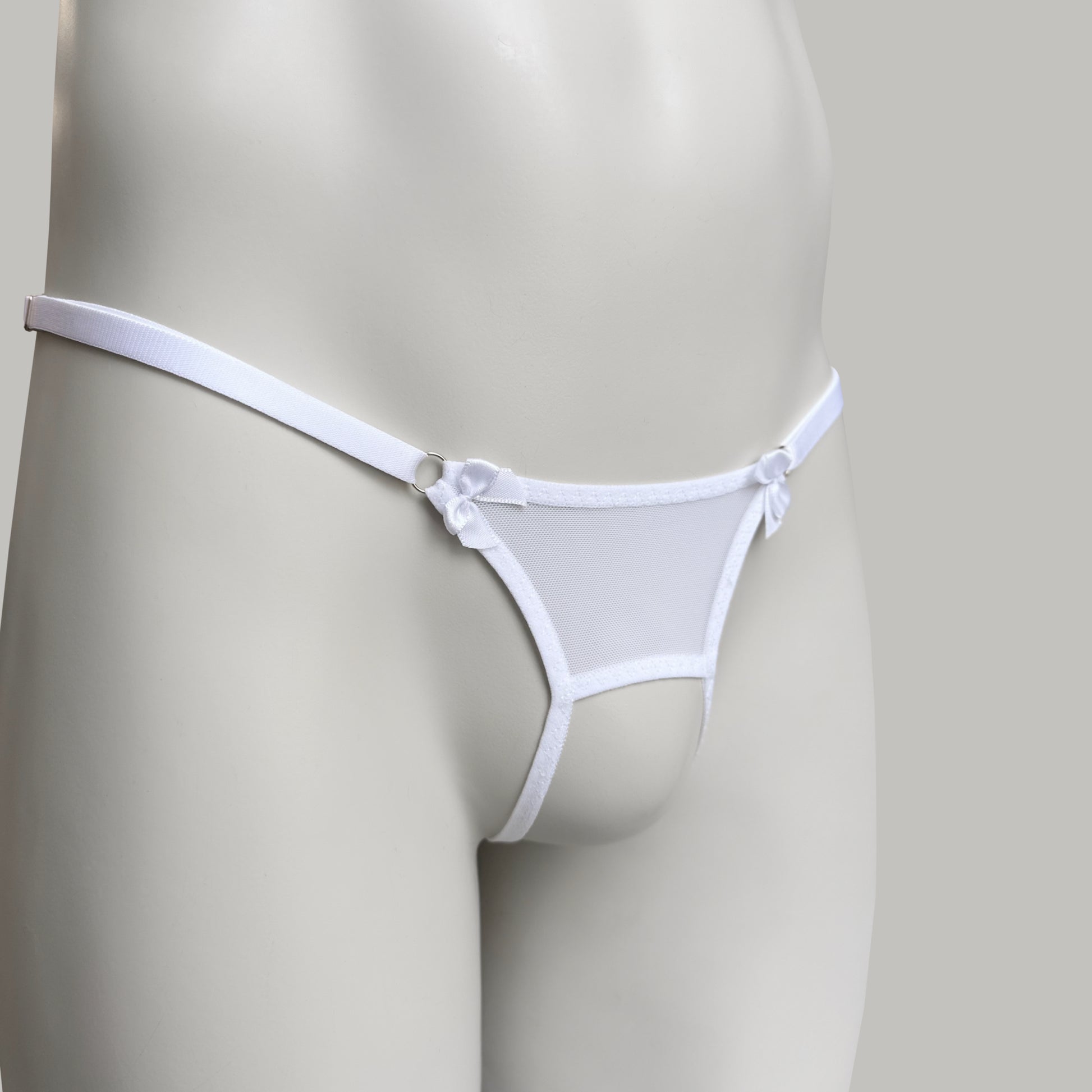 Crotchless Mesh Thong With Bows (White)