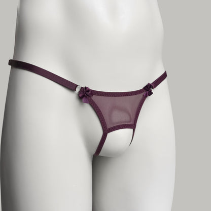 Crotchless Mesh Thong With Bows (Burgundy)
