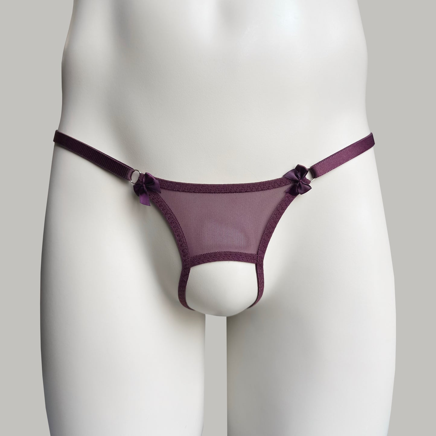 Crotchless Mesh Thong With Bows (Burgundy)