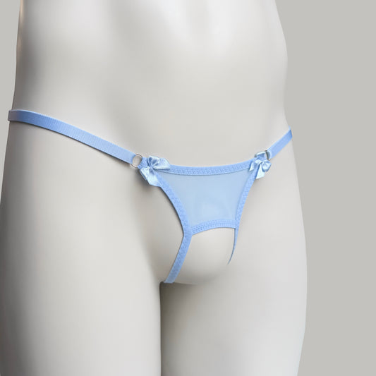 Crotchless Mesh Thong With Bows (Sky Blue)