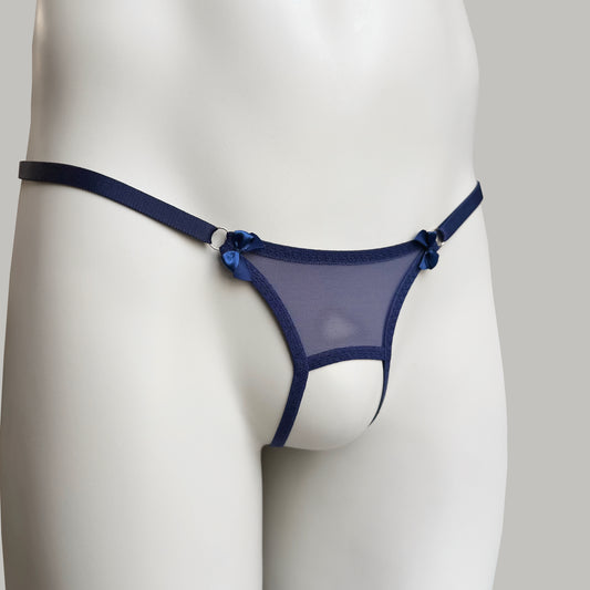 Crotchless Mesh Thong With Bows (Navy)