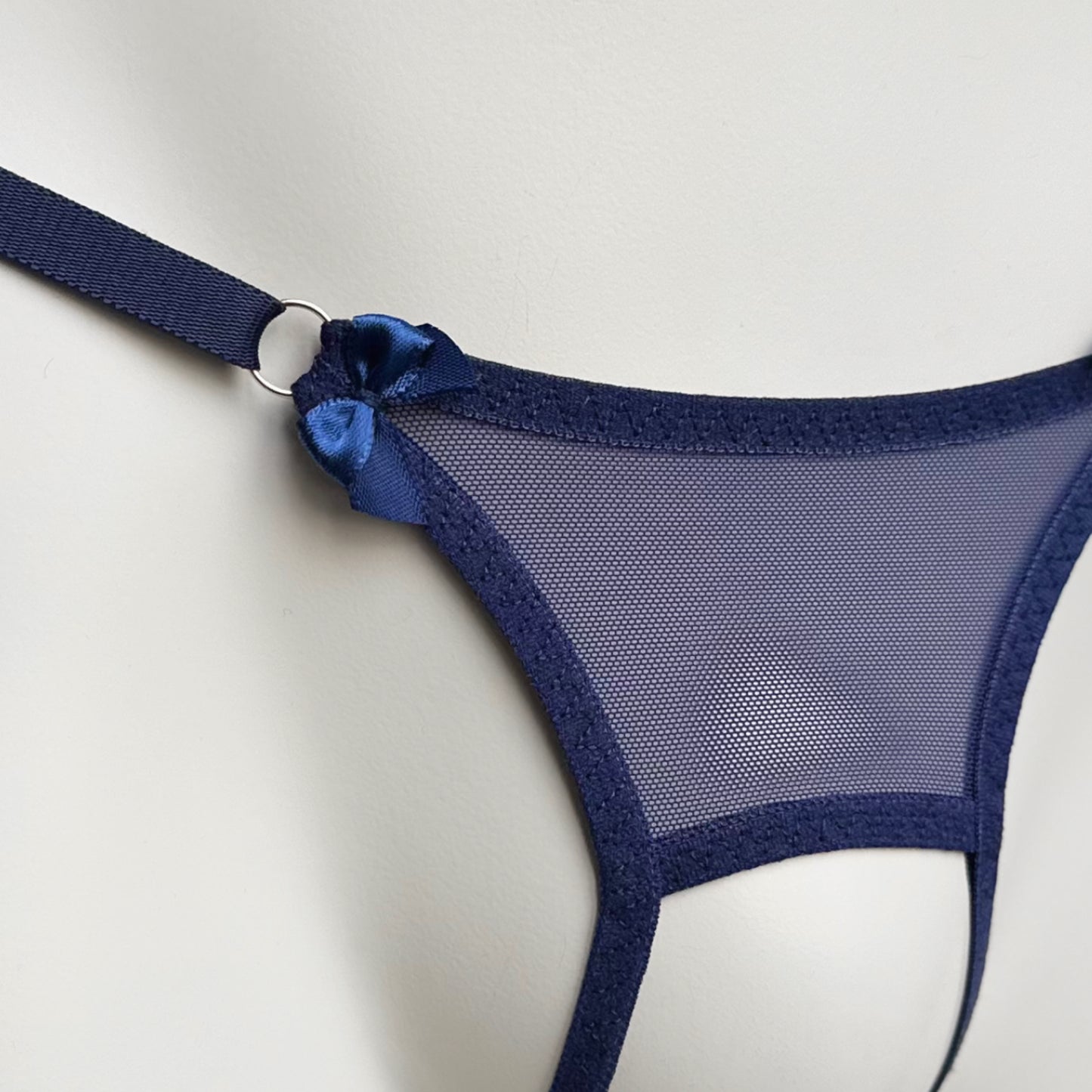 Crotchless Mesh Thong With Bows (Navy)