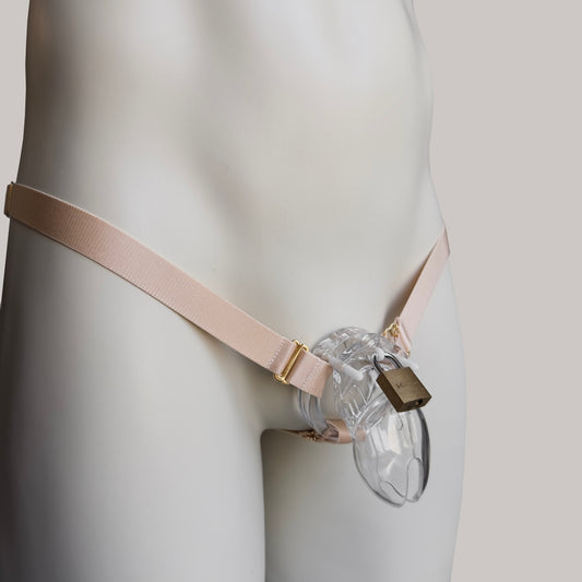 Male Three Straps Chastity Cage Support Belt Beige