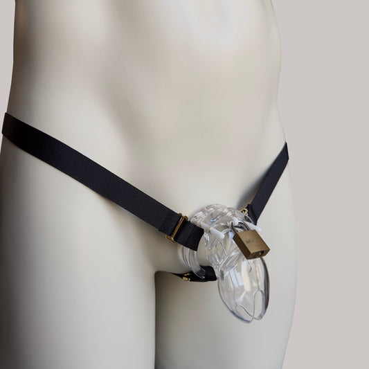 Male Three Strap Thong Chastity Cage Holder Black