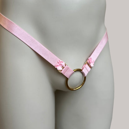 Male Two Straps Bow Chastity Cage Belt Pink