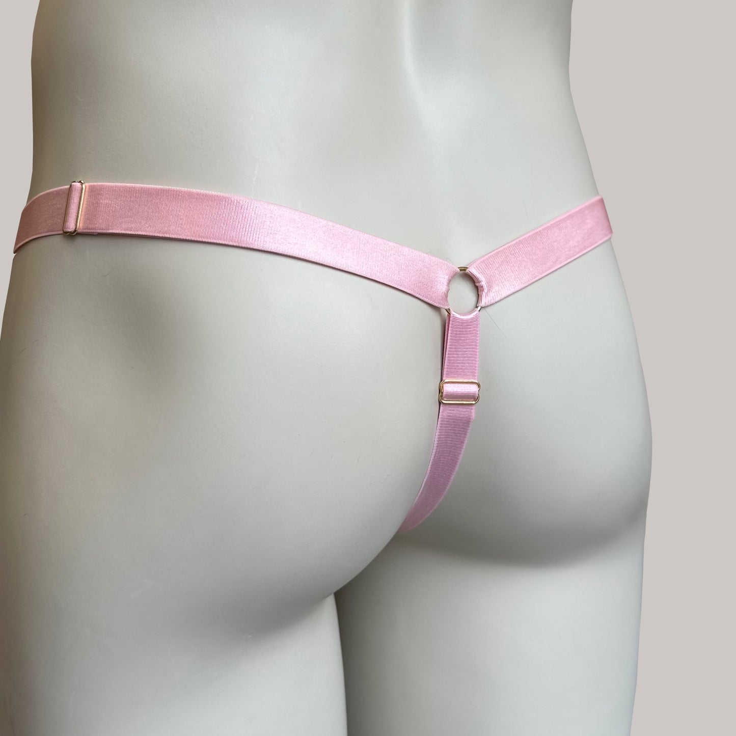 Male Bow Feminine Three Straps Thong Chastity Cage Holder Pink