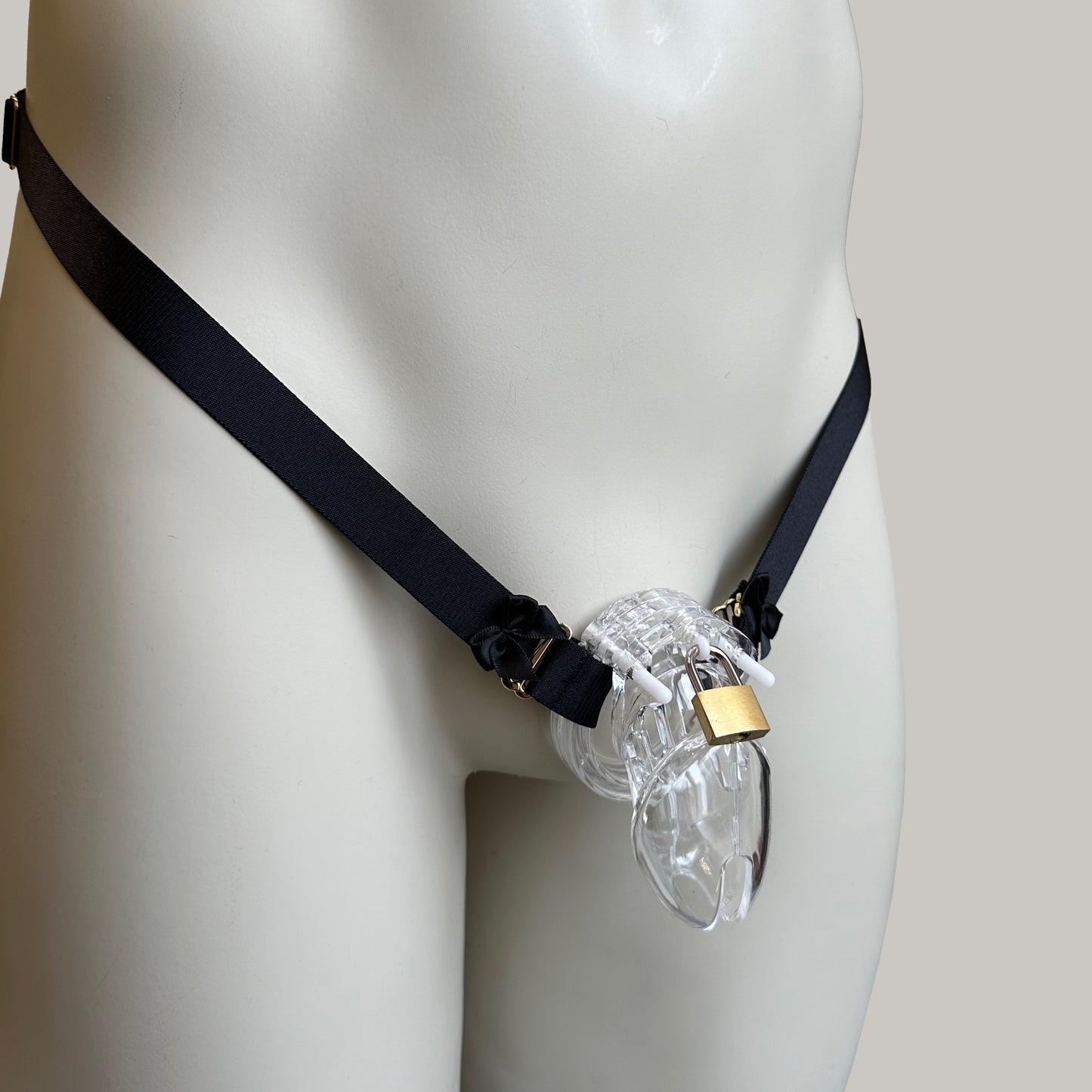 Male Two Strap Bow Chastity Cage Elastic Support Belt Black