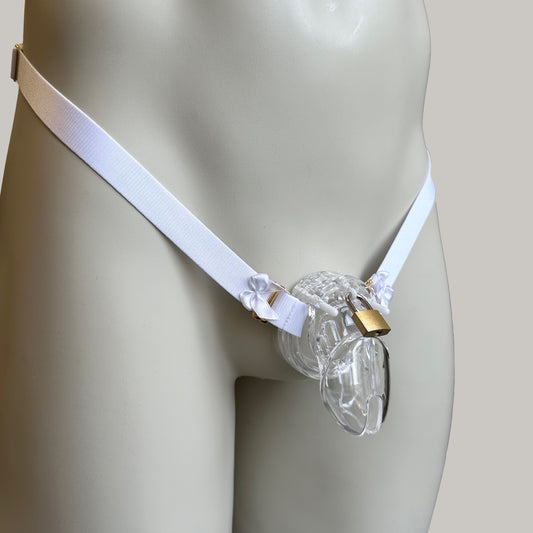 Male Two Male Two Strap Bow Chastity Cage Elastic Support Belt White
