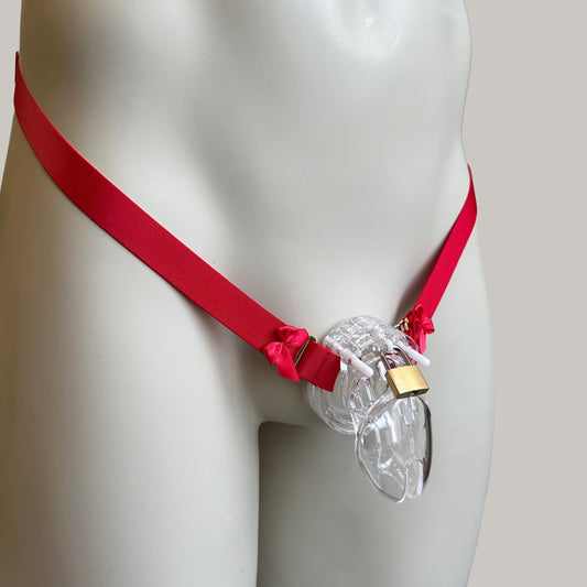 Male Two Male Two Strap Bow Chastity Cage Elastic Support Belt Red