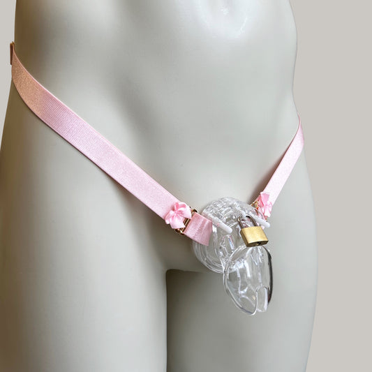 Male Two Strap Bow Chastity Cage Elastic Support Belt Pink